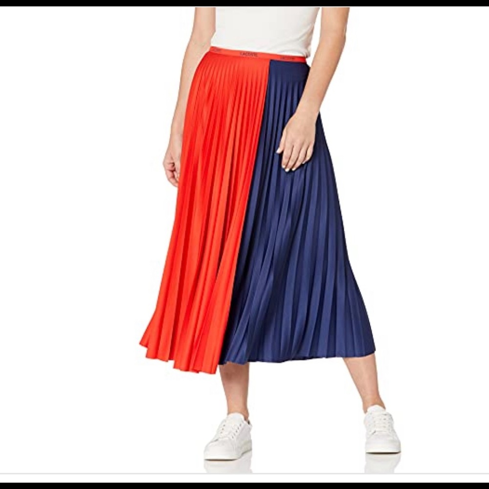 Lacoste Two-Tone Red and Navy Pleated Midi Skirt